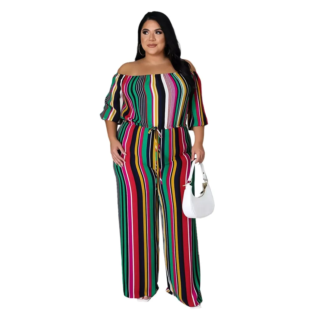 Stylish Striped Off Shoulder Plus Size Pants Suit