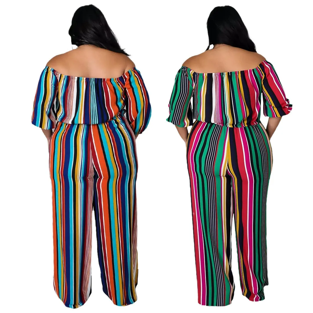 Stylish Striped Off Shoulder Plus Size Pants Suit