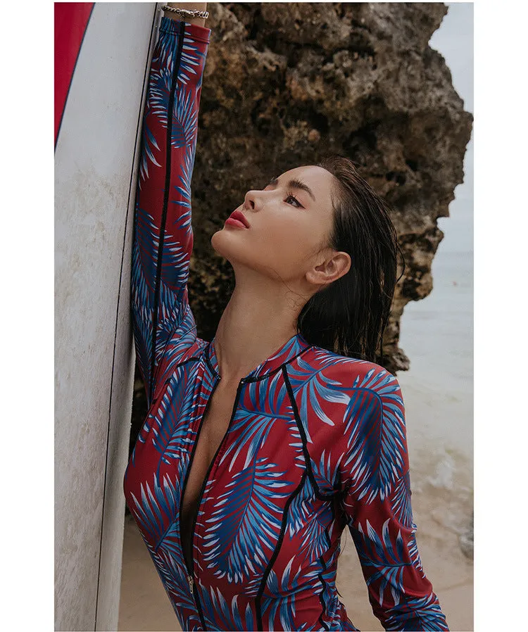 Sukumizu Foliage Red, White, and Blue Rashguard One-Piece Swimsuit in Size XS, S, or M