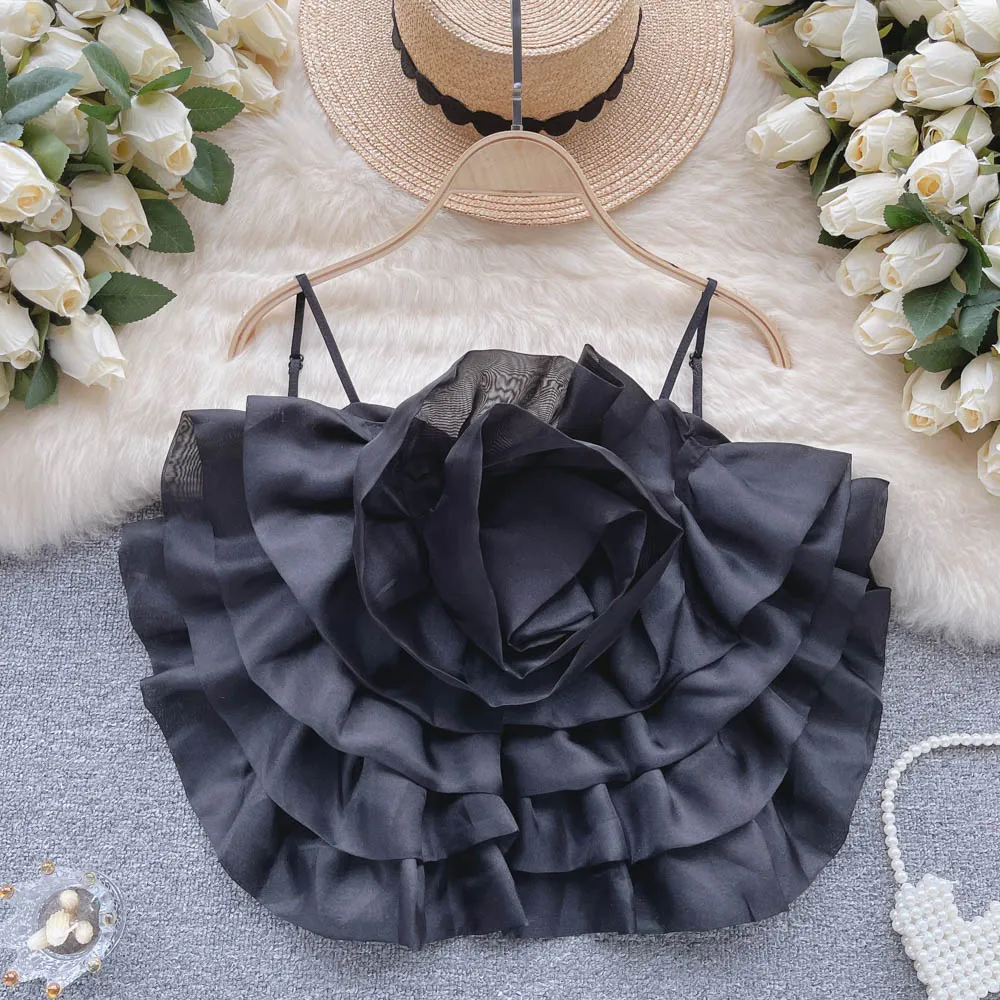 Summer Beach Vacation Mesh Three-Dimensional Decoration Floral Camis Fairy Off Shoulder Back Zipper Tank Tops Sleeveless Corset
