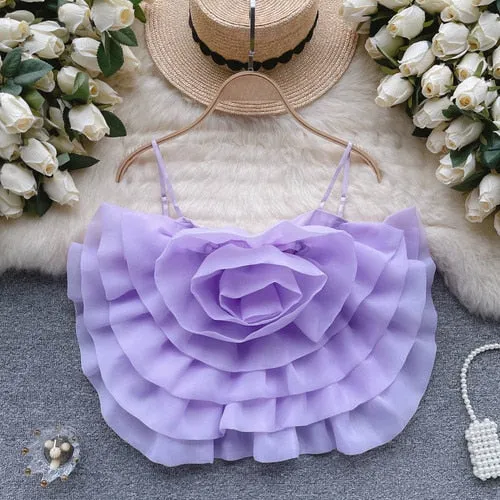 Summer Beach Vacation Mesh Three-Dimensional Decoration Floral Camis Fairy Off Shoulder Back Zipper Tank Tops Sleeveless Corset