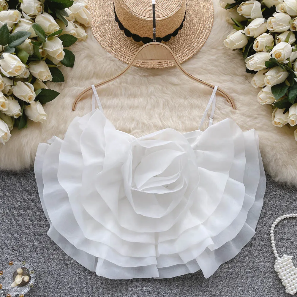 Summer Beach Vacation Mesh Three-Dimensional Decoration Floral Camis Fairy Off Shoulder Back Zipper Tank Tops Sleeveless Corset