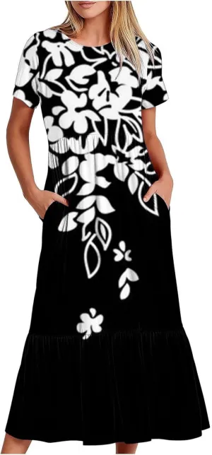Summer Dresses Women 2024 Casual Short Sleeve Boho Flowy Sundress Crewneck Floral Tiered Maxi Dress with Pockets