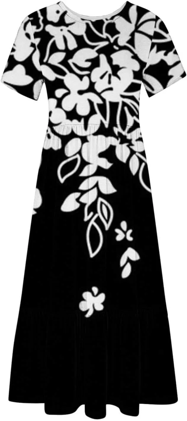 Summer Dresses Women 2024 Casual Short Sleeve Boho Flowy Sundress Crewneck Floral Tiered Maxi Dress with Pockets