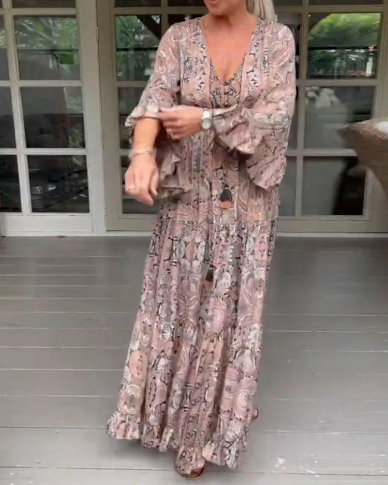 TastyHottie - V-neck printed ruffled sleeve dress