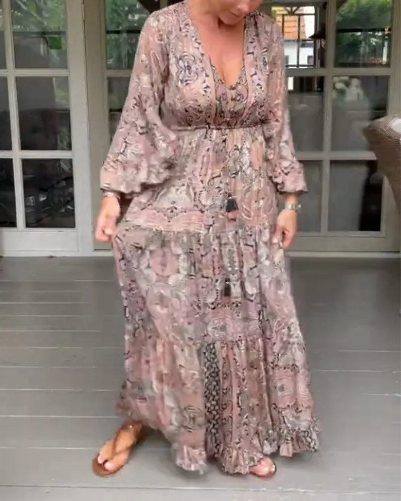 TastyHottie - V-neck printed ruffled sleeve dress