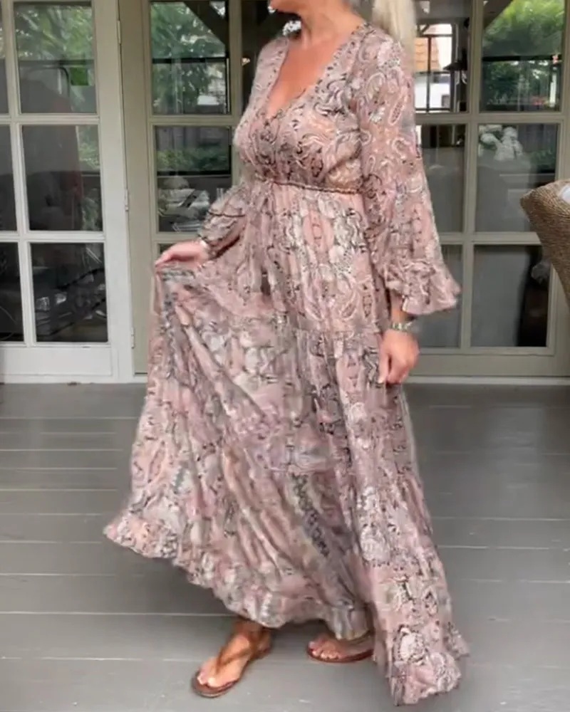 TastyHottie - V-neck printed ruffled sleeve dress