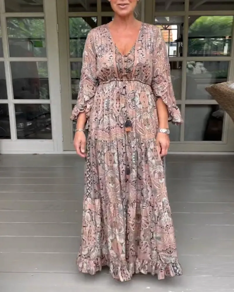TastyHottie - V-neck printed ruffled sleeve dress
