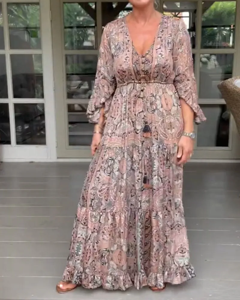 TastyHottie - V-neck printed ruffled sleeve dress