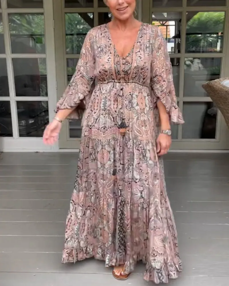 TastyHottie - V-neck printed ruffled sleeve dress