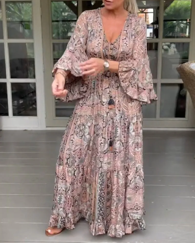 TastyHottie - V-neck printed ruffled sleeve dress