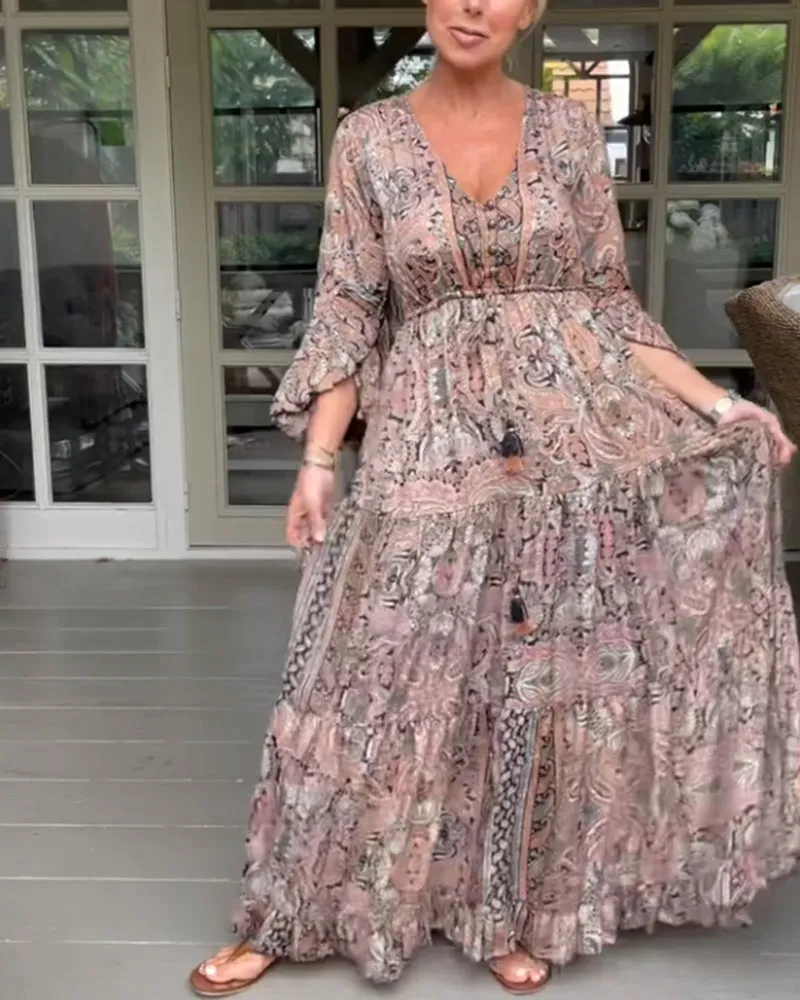 TastyHottie - V-neck printed ruffled sleeve dress