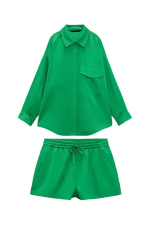'Toby' Silk Satin Oversized Shirt & High Waist Shorts