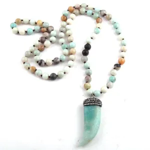 Tooth turquoise amazonite semi-precious stone rosary chain bohemian pendant necklace