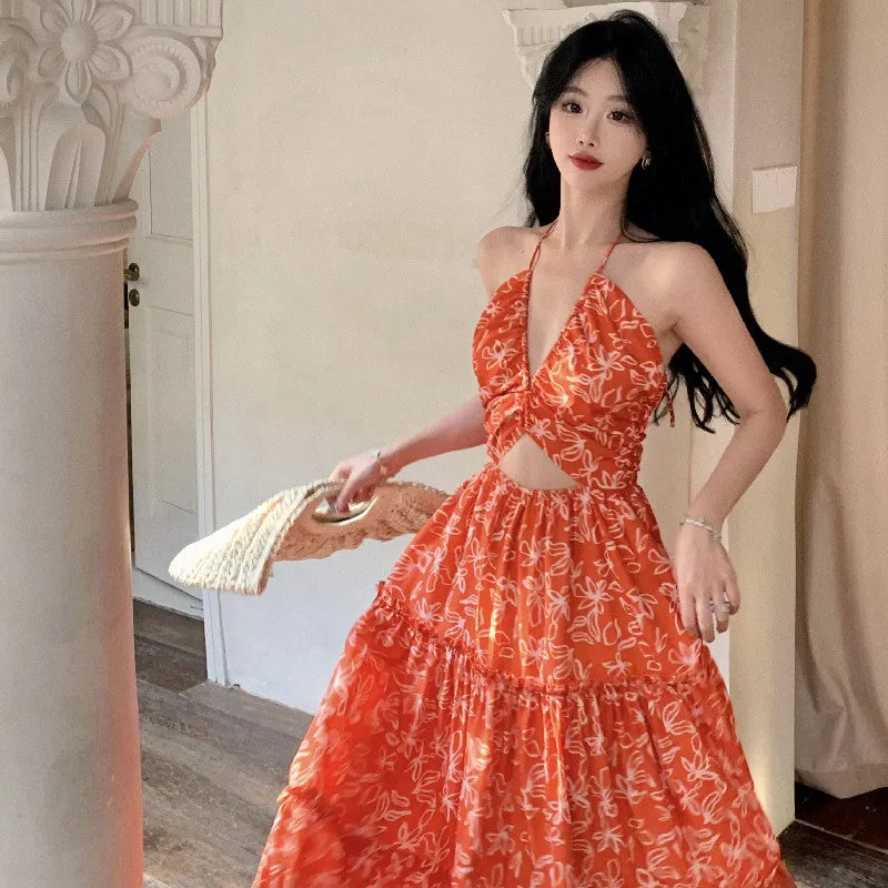 V-neck Floral Dress Women's Summer Hanging Neck High Waist Beach Holiday Dress 412
