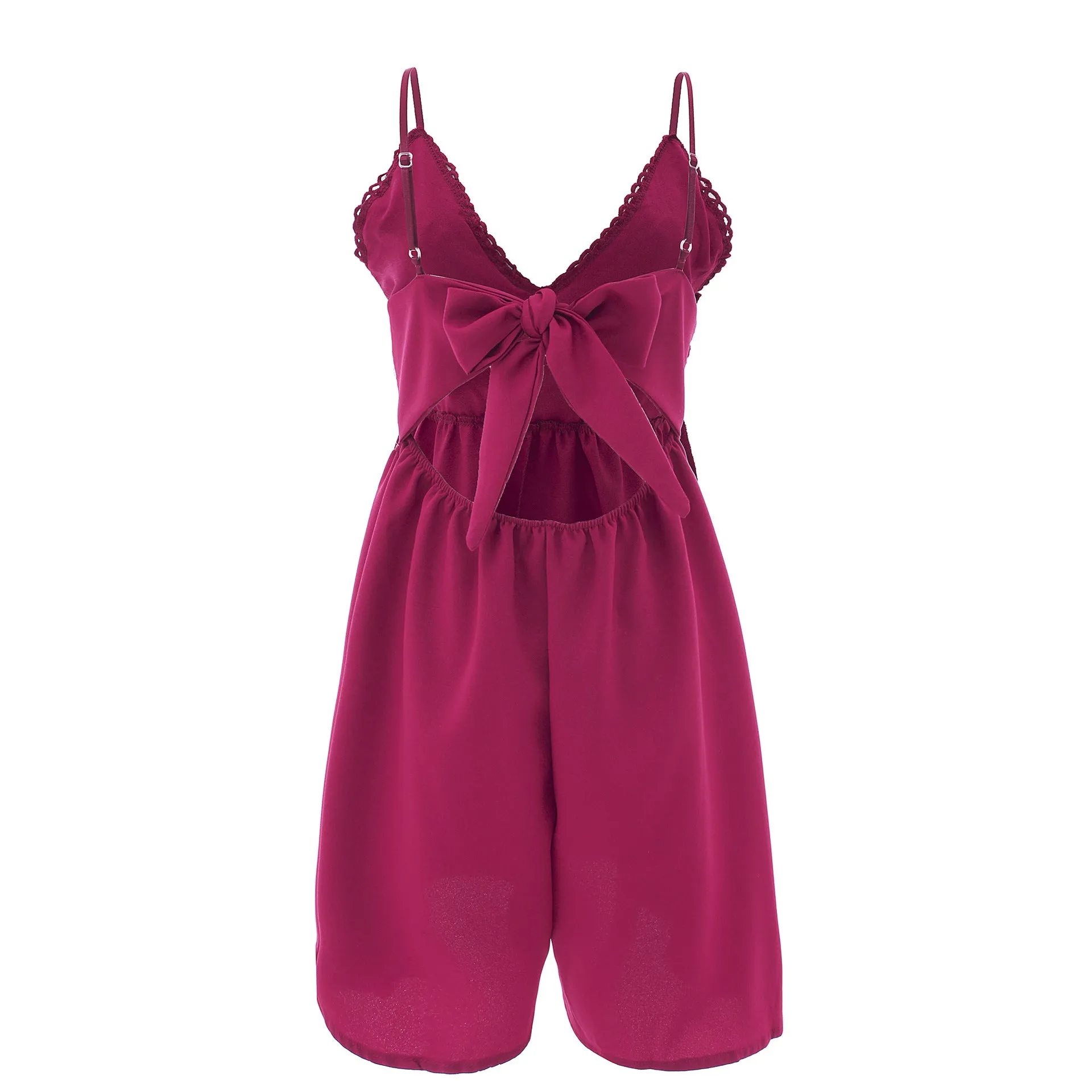 V-neck Loose Spaghetti Strap High Waist Lace Patchwork Back Bow Short Jumpsuits