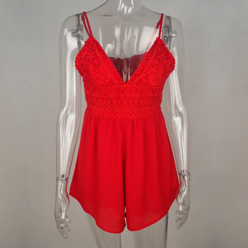 V-neck Loose Spaghetti Strap High Waist Lace Patchwork Back Bow Short Jumpsuits