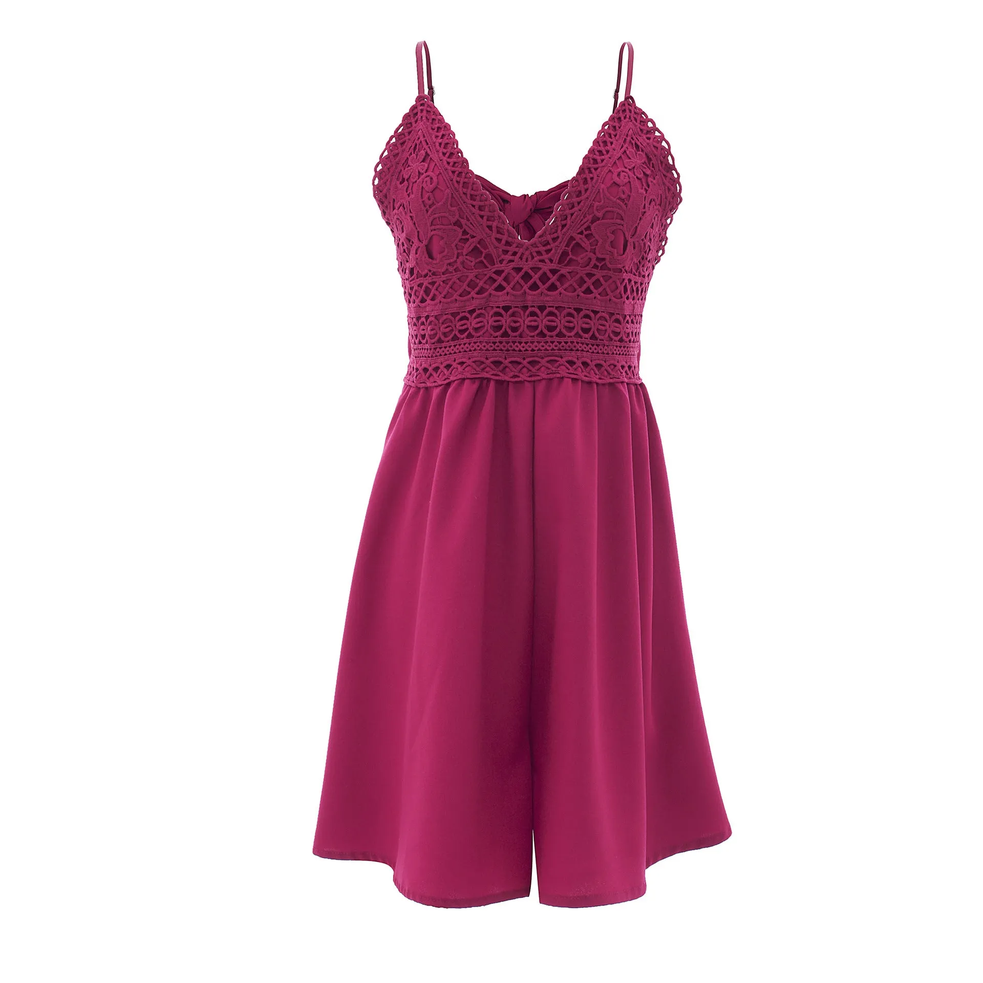 V-neck Loose Spaghetti Strap High Waist Lace Patchwork Back Bow Short Jumpsuits