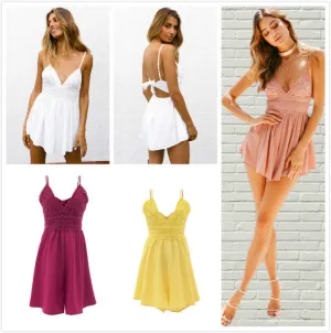 V-neck Loose Spaghetti Strap High Waist Lace Patchwork Back Bow Short Jumpsuits