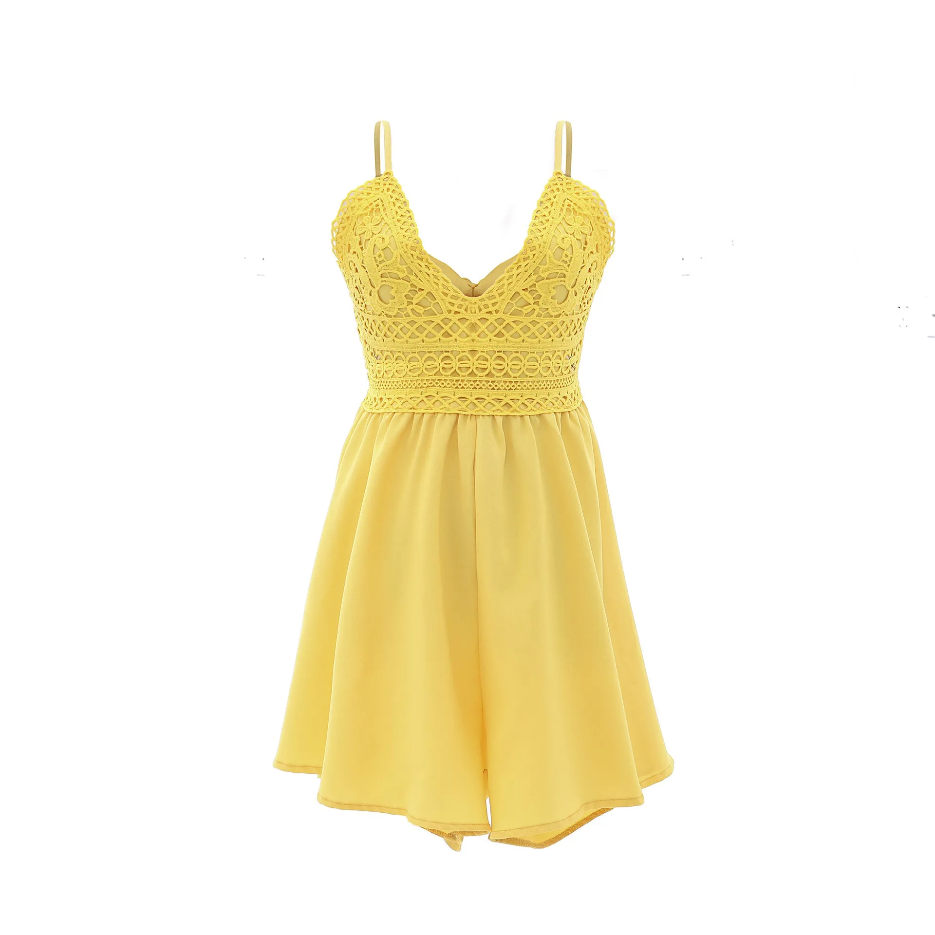 V-neck Loose Spaghetti Strap High Waist Lace Patchwork Back Bow Short Jumpsuits