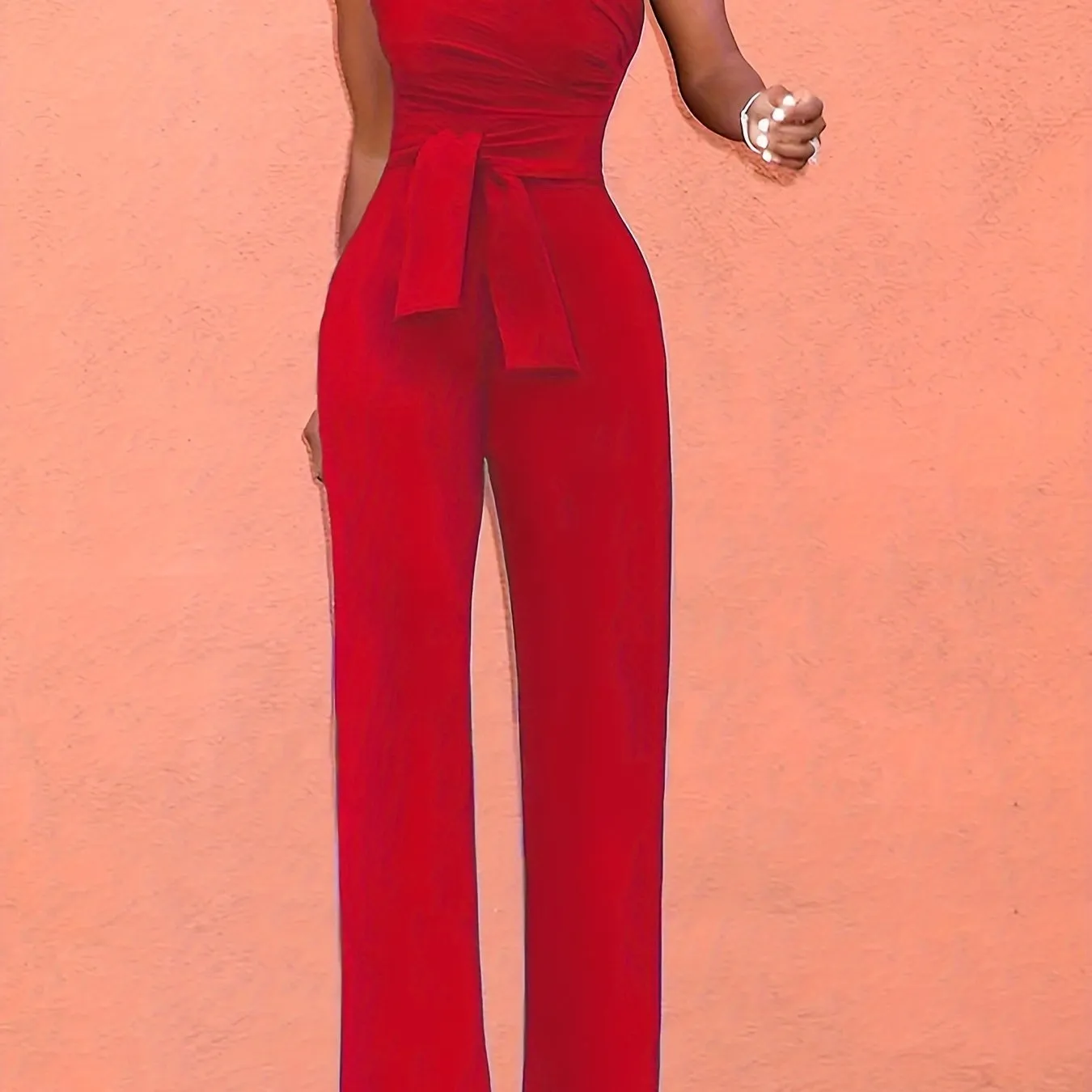 Vibrant One Shoulder Jumpsuit - Accentuating Knotted Waist, Sleeveless, Straight Leg, Casual Style - Perfect for Womens Everyday Wear