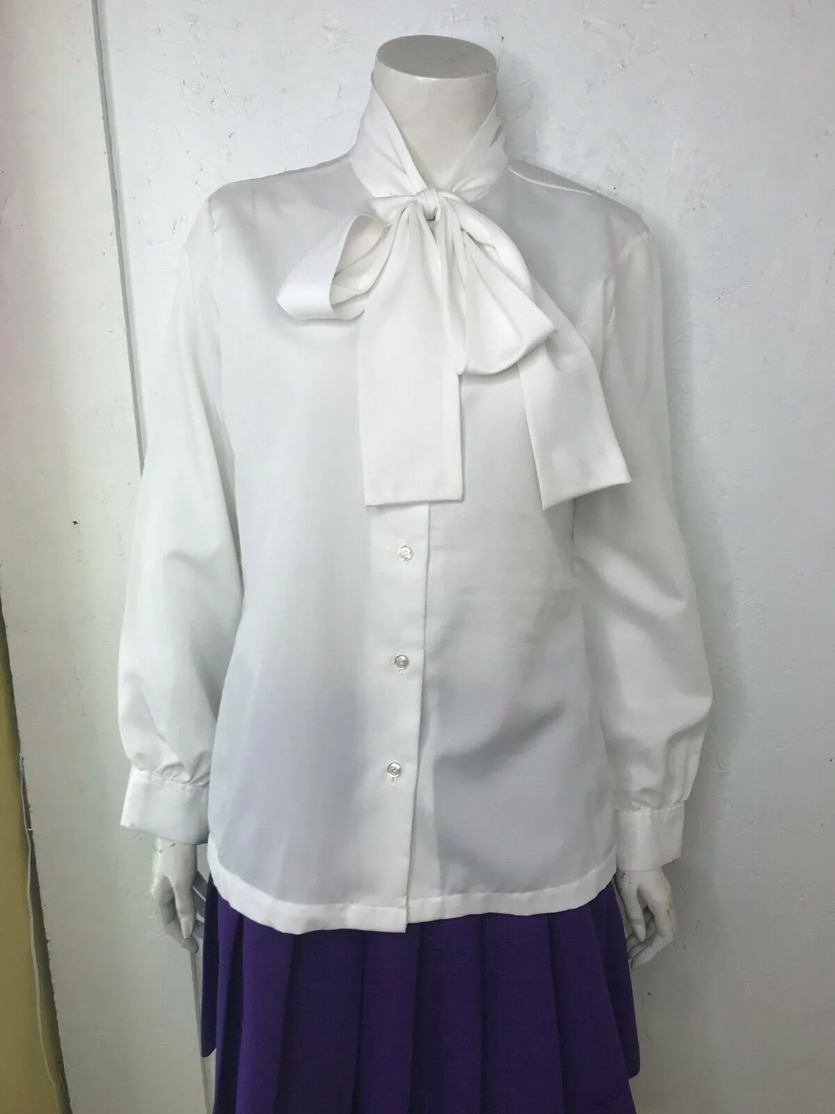 Vtg Vintage 70s 80s 90s White Big Bow Neck Pussy Bow Secretary Blouse L