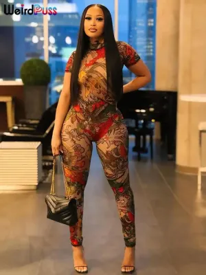 Weird Puss See Through Sexy Dragon Print Sheer Jumpsuit – Backless, Slim Fit, Clubwear