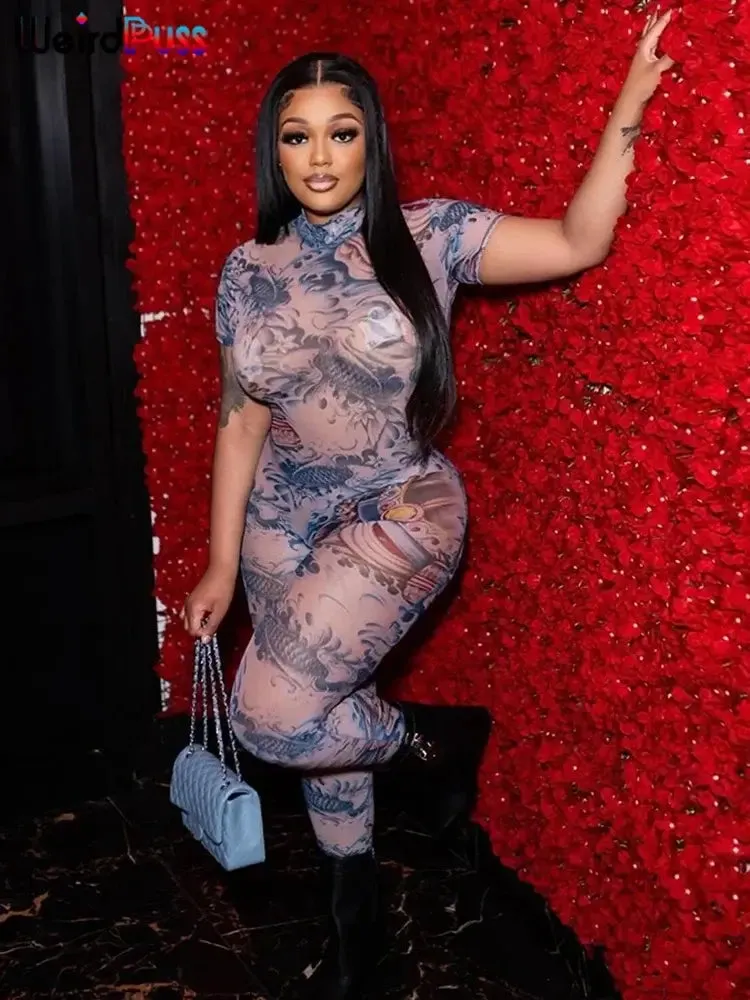 Weird Puss See Through Sexy Dragon Print Sheer Jumpsuit – Backless, Slim Fit, Clubwear