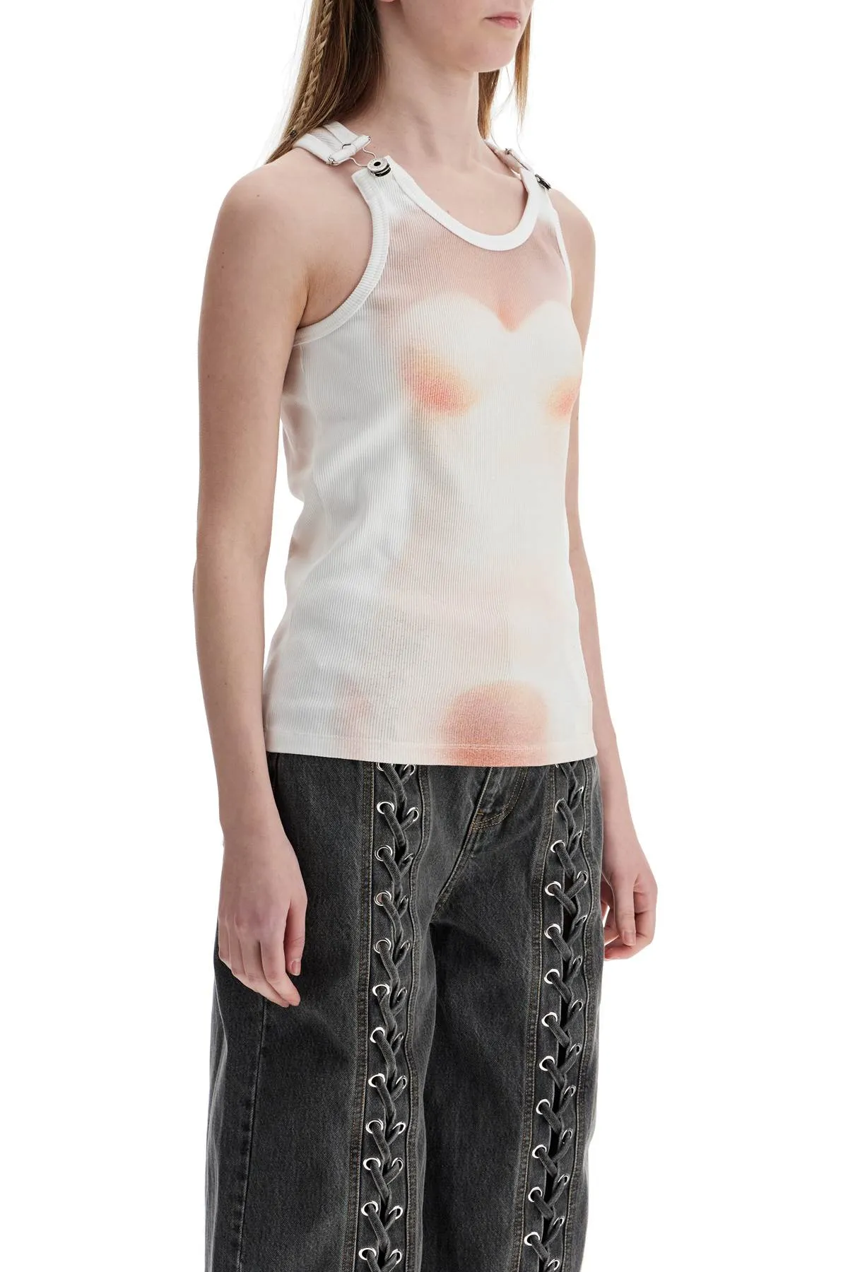 white cotton top with leather print le classique DB050 J580 WHITE/PALEPINK