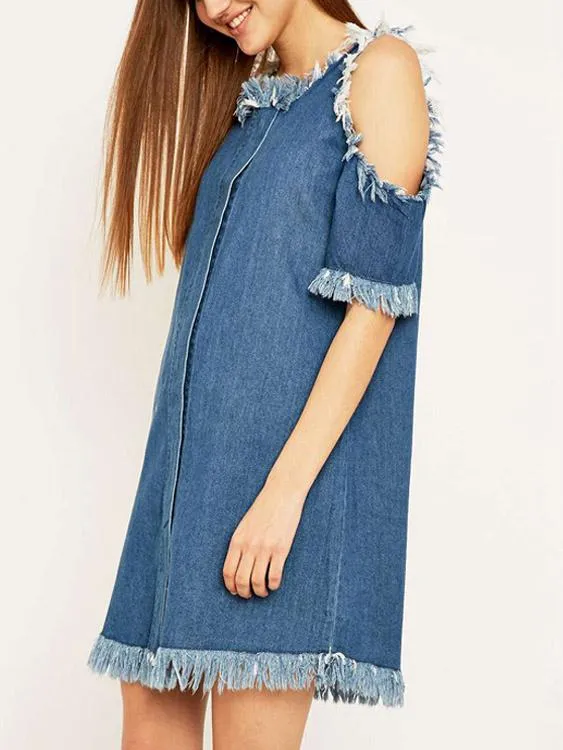 Wholesale Blue Tassel Hem Casual Dresses