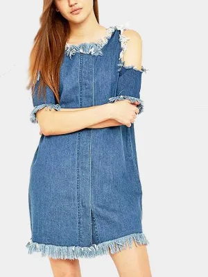 Wholesale Blue Tassel Hem Casual Dresses