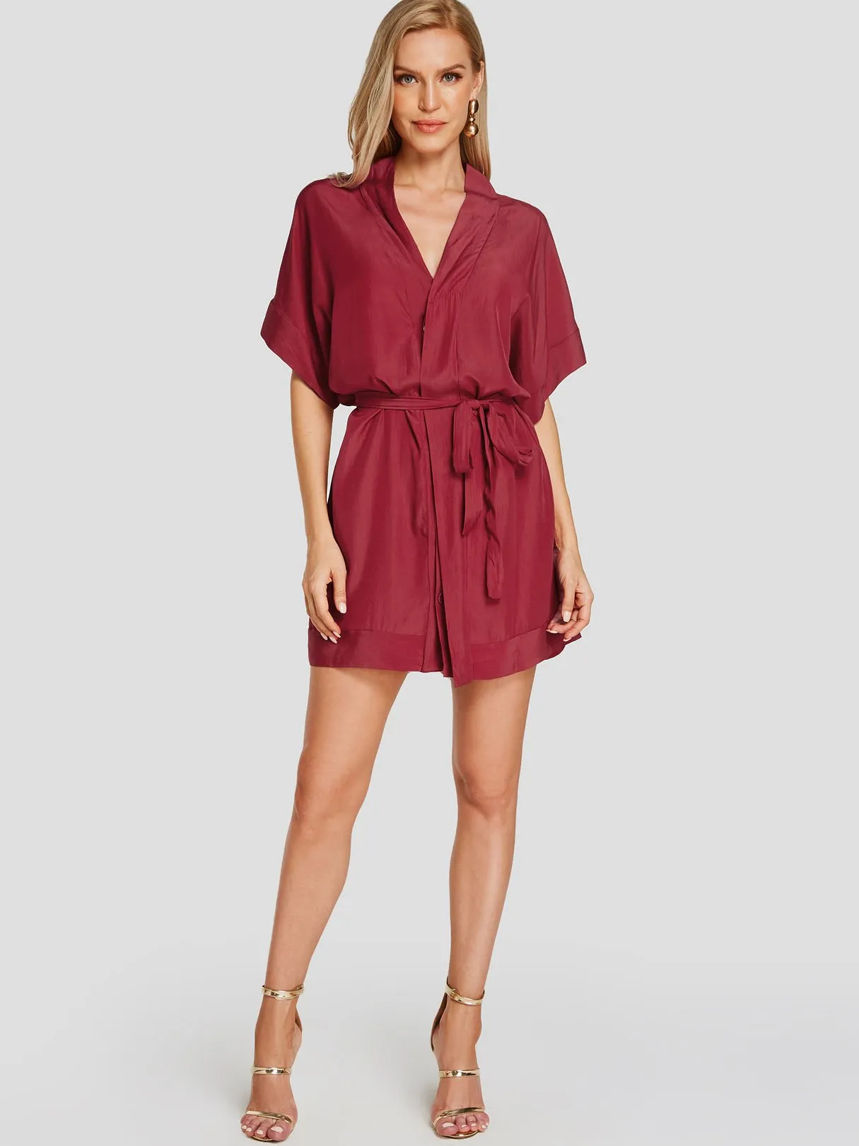 Wholesale Burgundy V-Neck Half Sleeve Plain Crossed Front Belt Self-Tie Casual Dresses