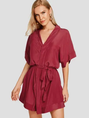 Wholesale Burgundy V-Neck Half Sleeve Plain Crossed Front Belt Self-Tie Casual Dresses