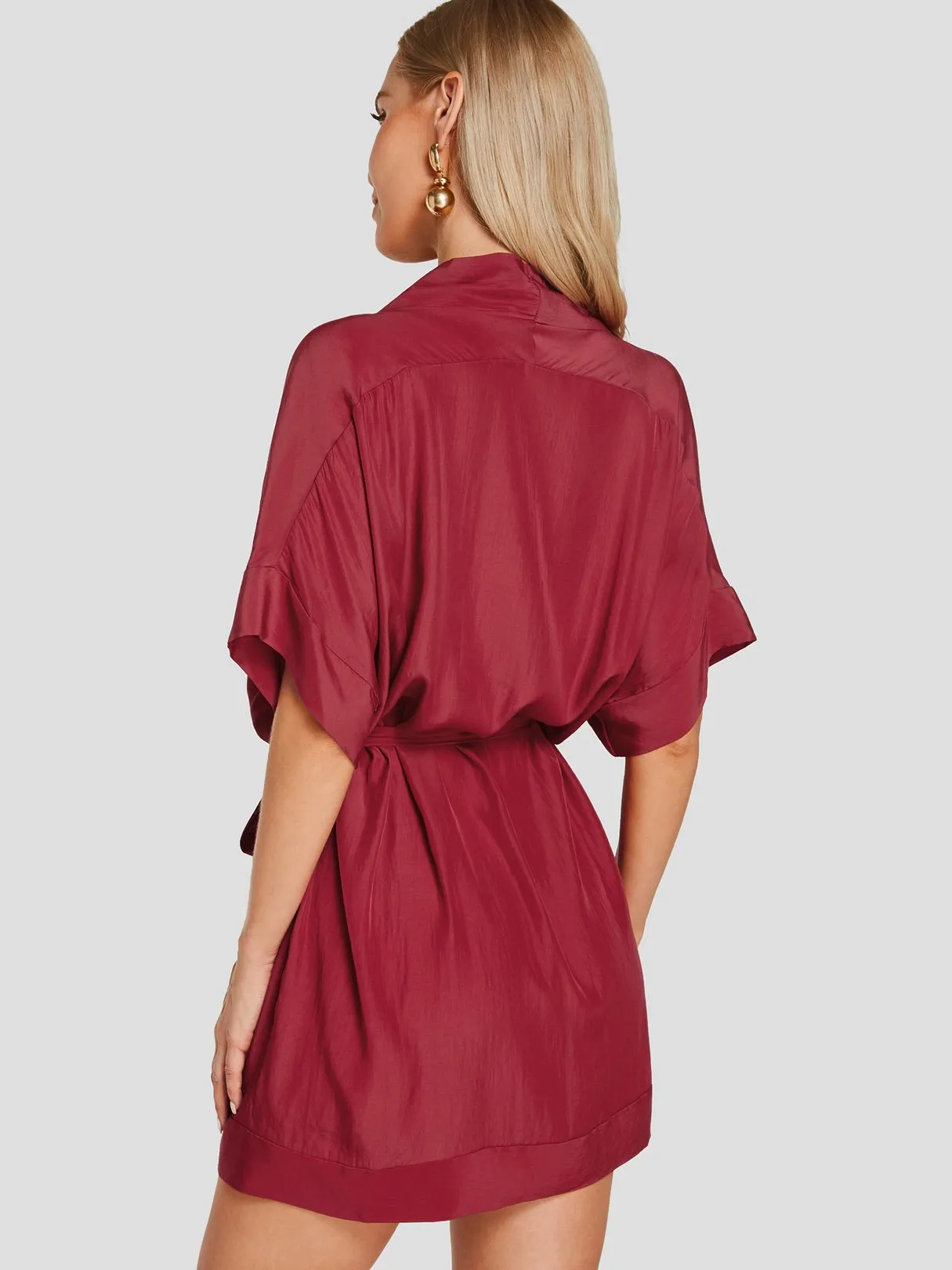 Wholesale Burgundy V-Neck Half Sleeve Plain Crossed Front Belt Self-Tie Casual Dresses