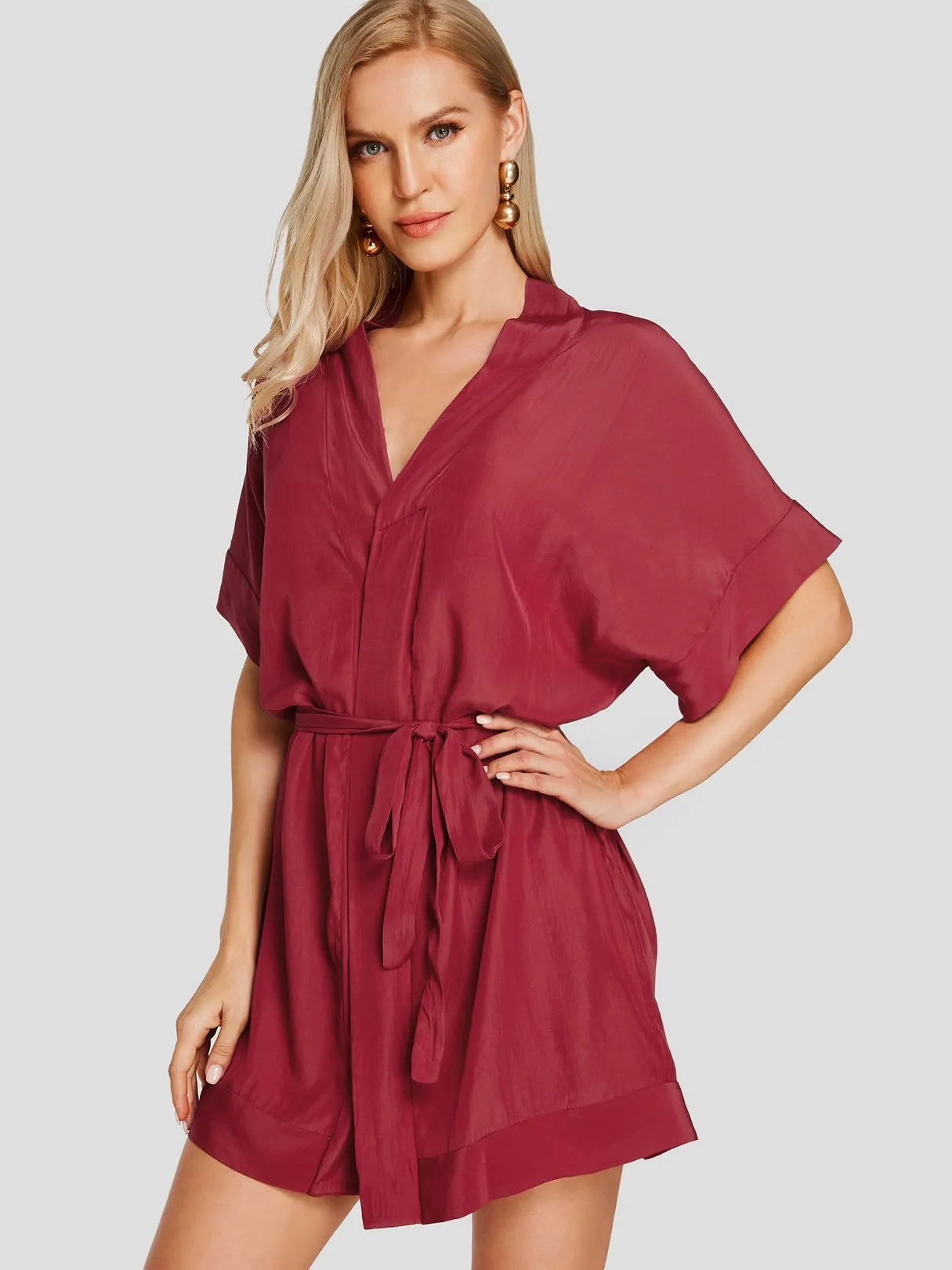 Wholesale Burgundy V-Neck Half Sleeve Plain Crossed Front Belt Self-Tie Casual Dresses