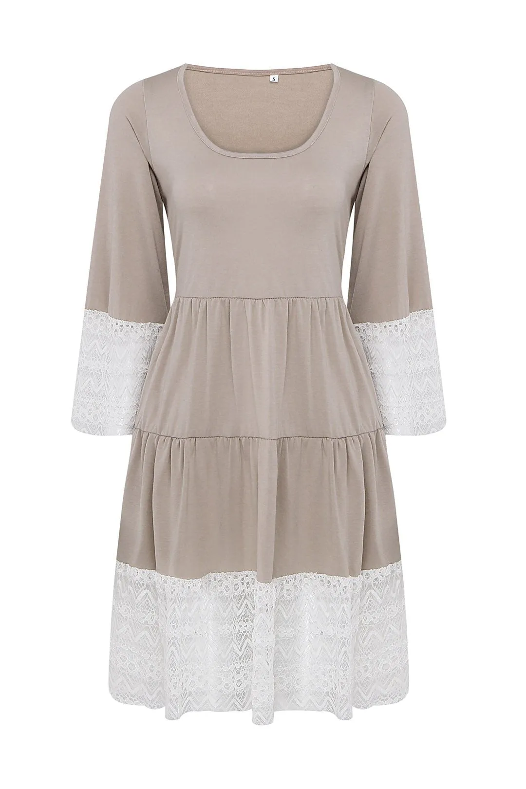 Wholesale Khaki Scoop Neck 3/4 Length Sleeve Lace Casual Dress