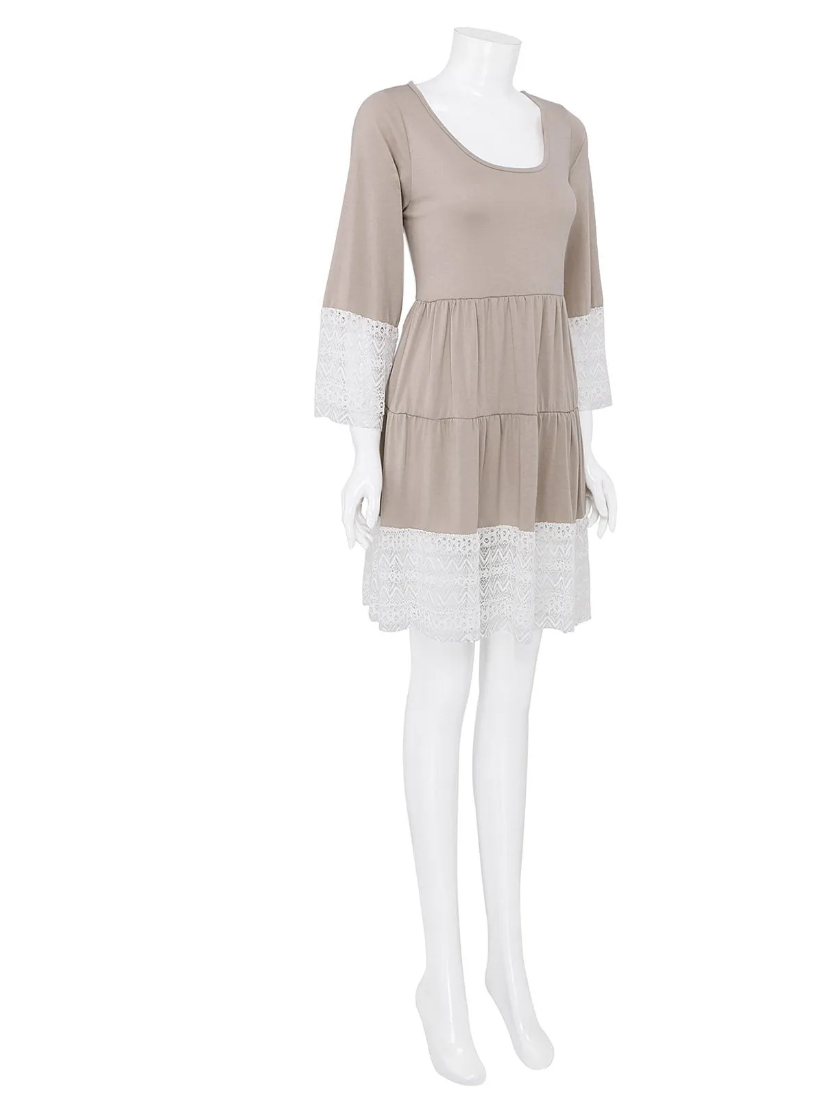 Wholesale Khaki Scoop Neck 3/4 Length Sleeve Lace Casual Dress