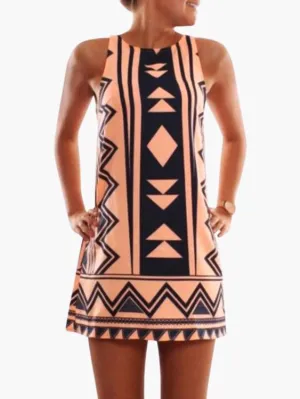Wholesale Orange Crew Neck Sleeveless Geometrical Casual Dress