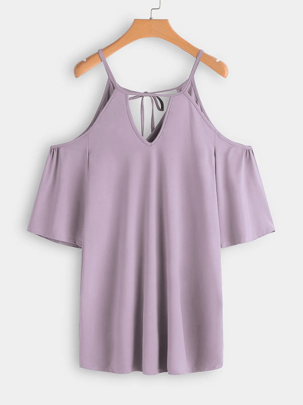 Wholesale Purple Cold Shoulder 3/4 Sleeve Plain Cut Out Self-Tie Casual Dresses