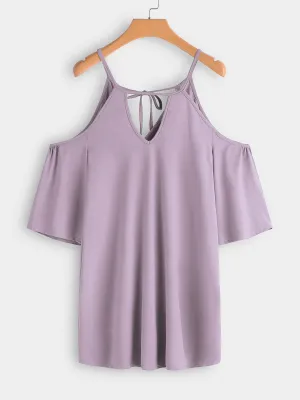 Wholesale Purple Cold Shoulder 3/4 Sleeve Plain Cut Out Self-Tie Casual Dresses