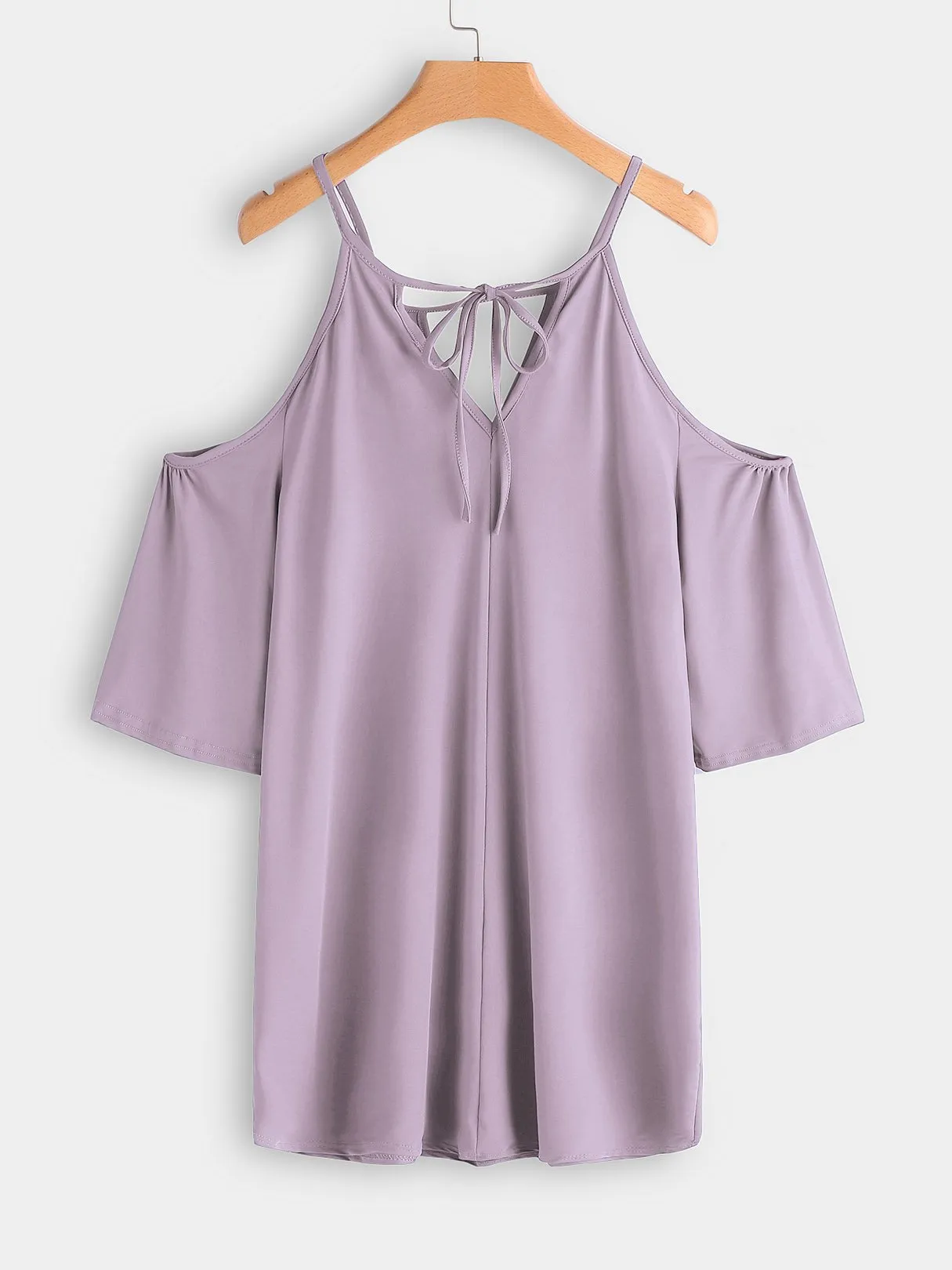 Wholesale Purple Cold Shoulder 3/4 Sleeve Plain Cut Out Self-Tie Casual Dresses