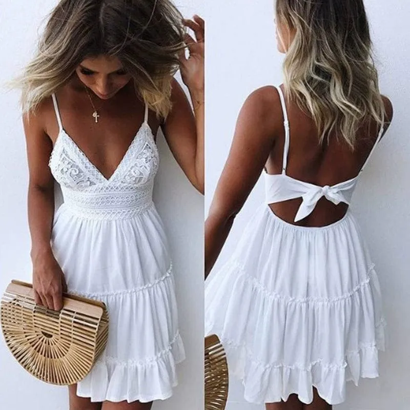 Women Lace-up Patchwork Lace  Deep V Strap Skirt Open Back Dress