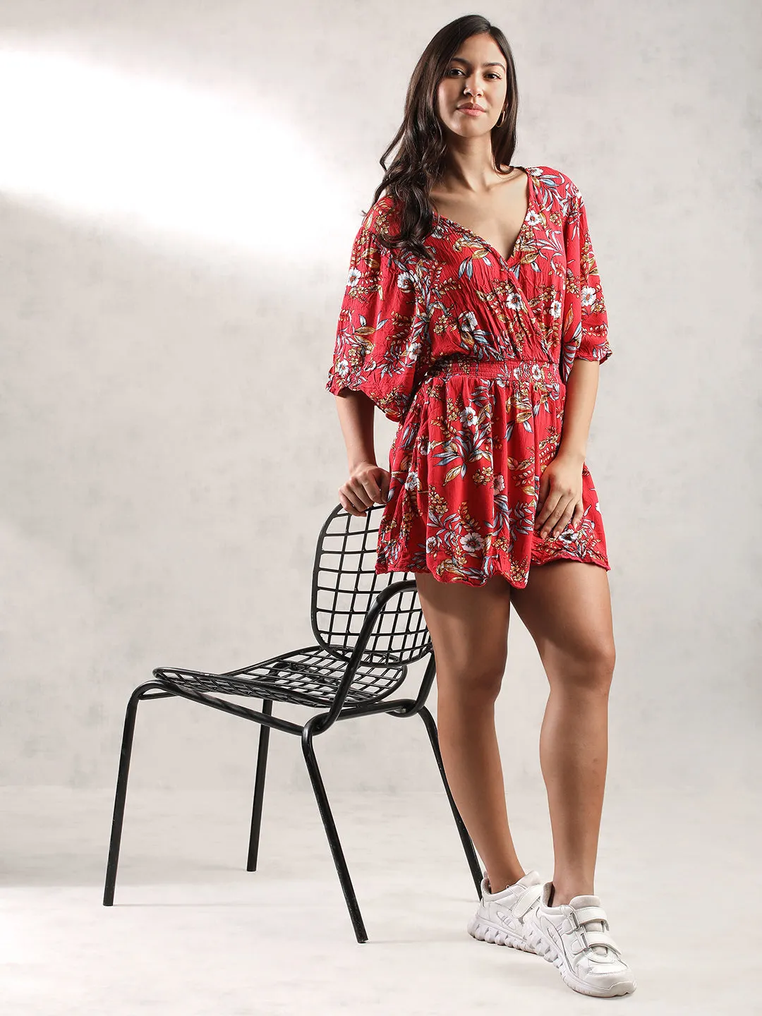 Women Red Tropical Print Romper