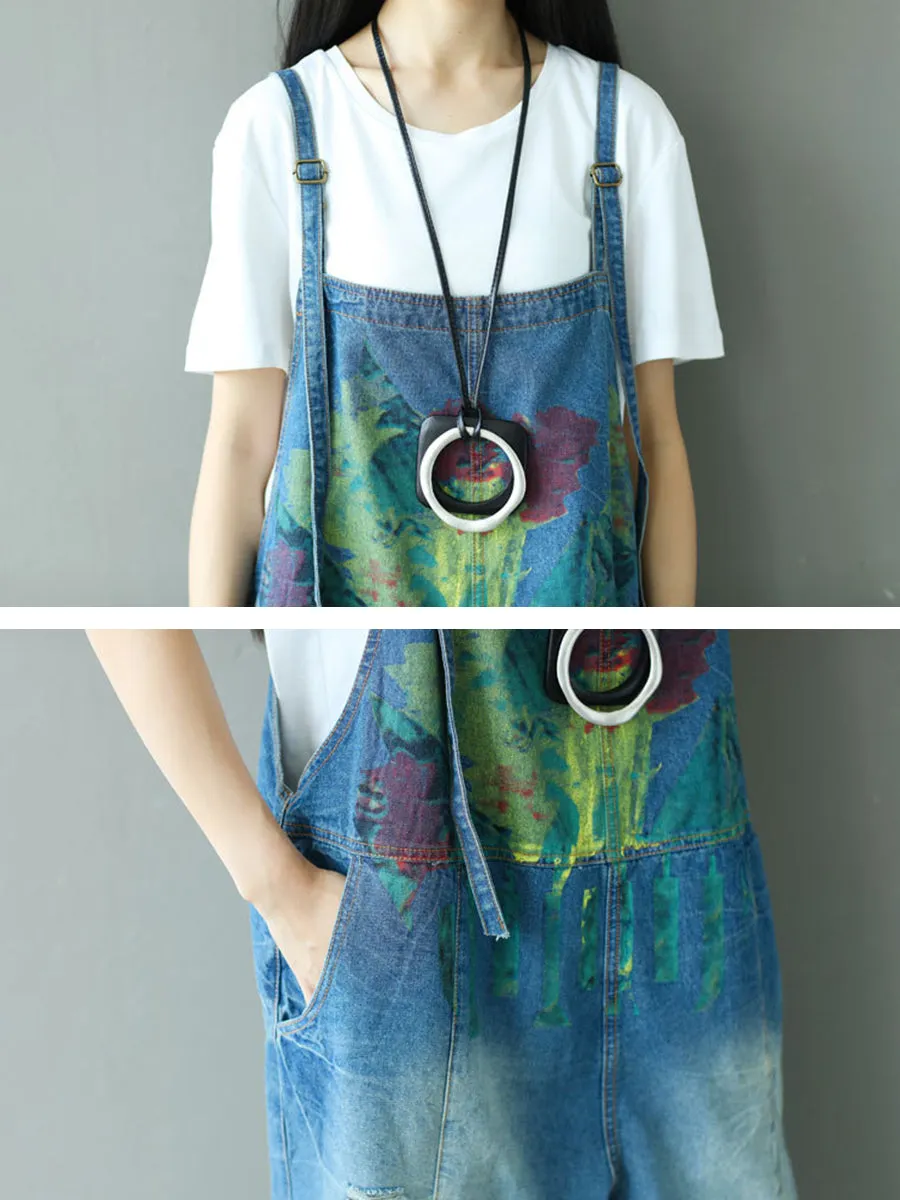 Women Summer Retro Splash-ink Pocket Loose Denim Jumpsuits