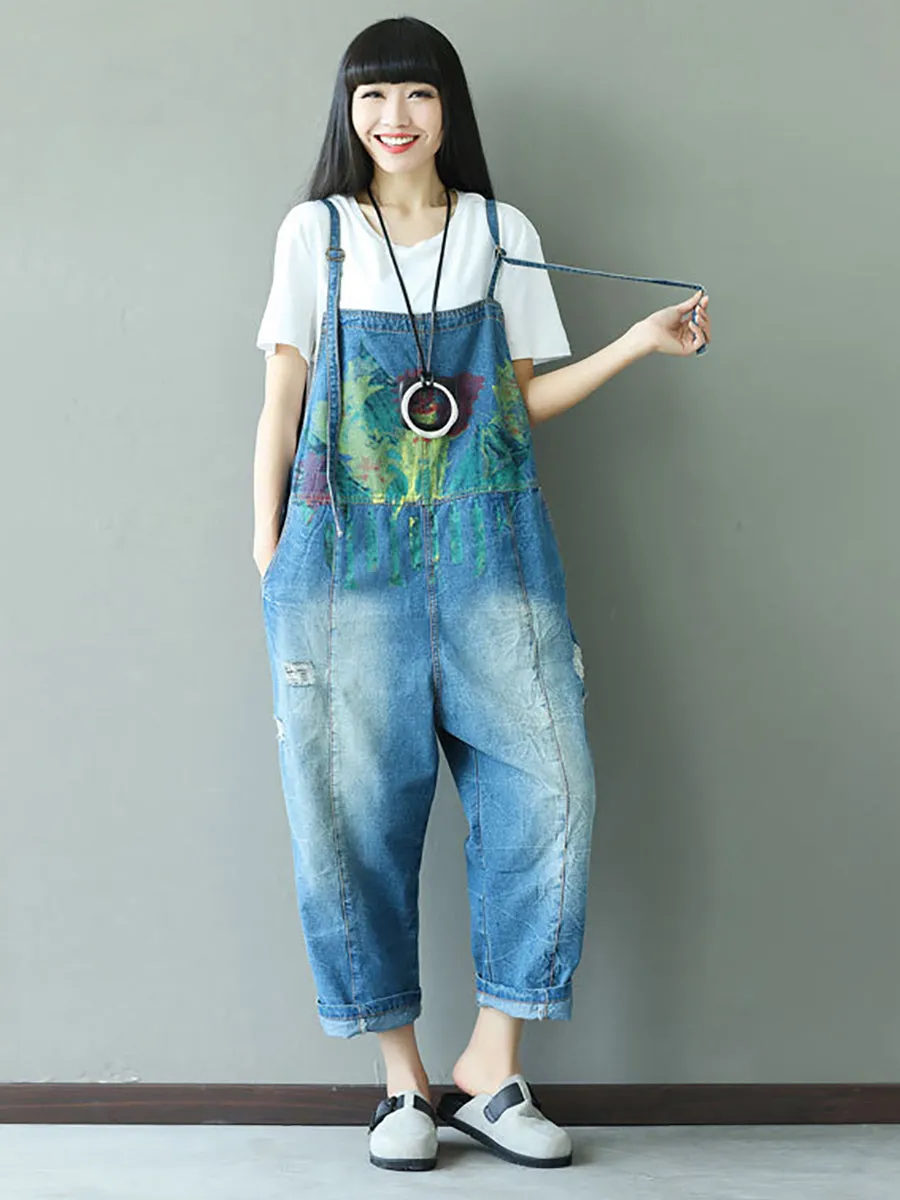 Women Summer Retro Splash-ink Pocket Loose Denim Jumpsuits