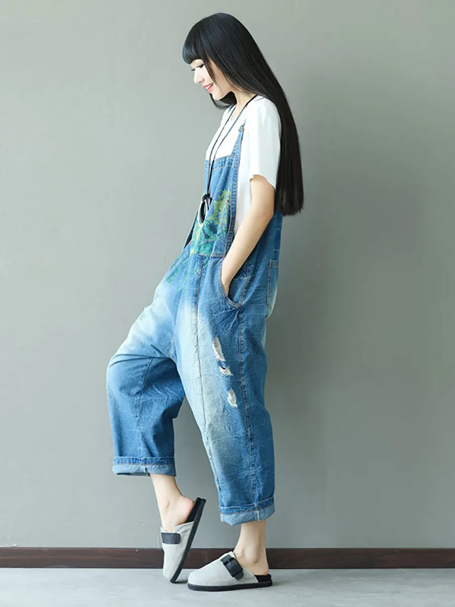 Women Summer Retro Splash-ink Pocket Loose Denim Jumpsuits
