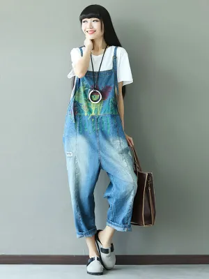 Women Summer Retro Splash-ink Pocket Loose Denim Jumpsuits