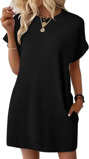 Women's Casual Dresses Loose Short Sleeve Crewneck Sundress Fashion Solid Color Vacation Beach Dress with Pocket