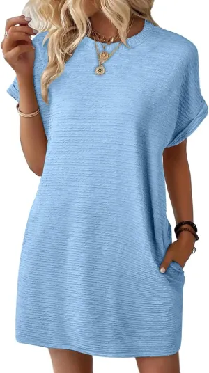 Women's Casual Dresses Loose Short Sleeve Crewneck Sundress Fashion Solid Color Vacation Beach Dress with Pocket