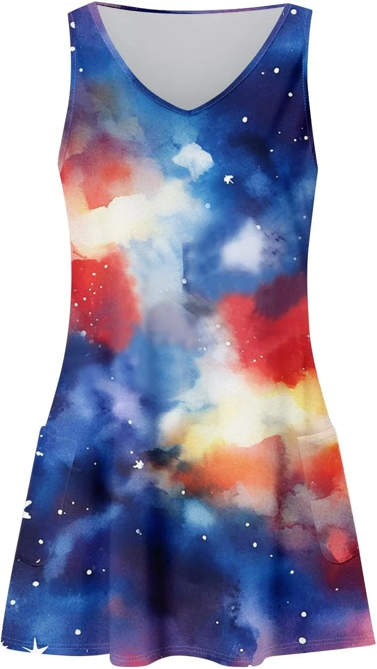 Women's Casual Dresses Summer 4Th of July V Neck Sleeveless Patriotic Dresses Stars Printed Tank Dress, S-2XL
